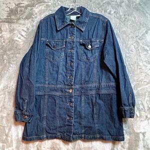 Roamans‎ Womens Blue Denim Jacket Size 12W Long Sleeve Button Up Cinched Waist